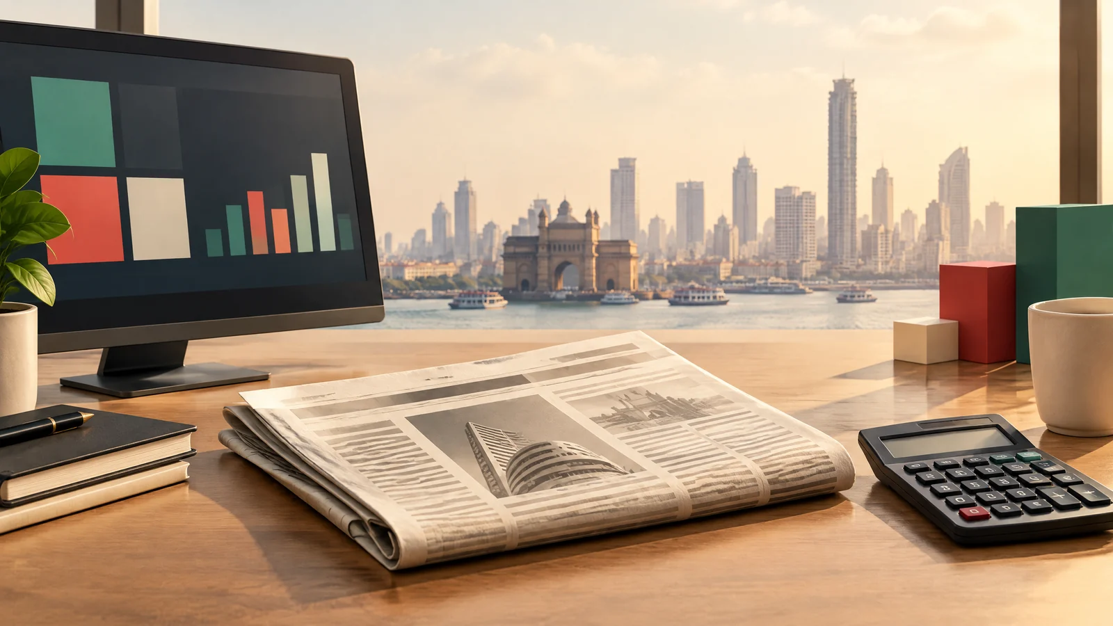 Conceptual financial workstation and generic Mumbai-inspired skyline; no live market data.