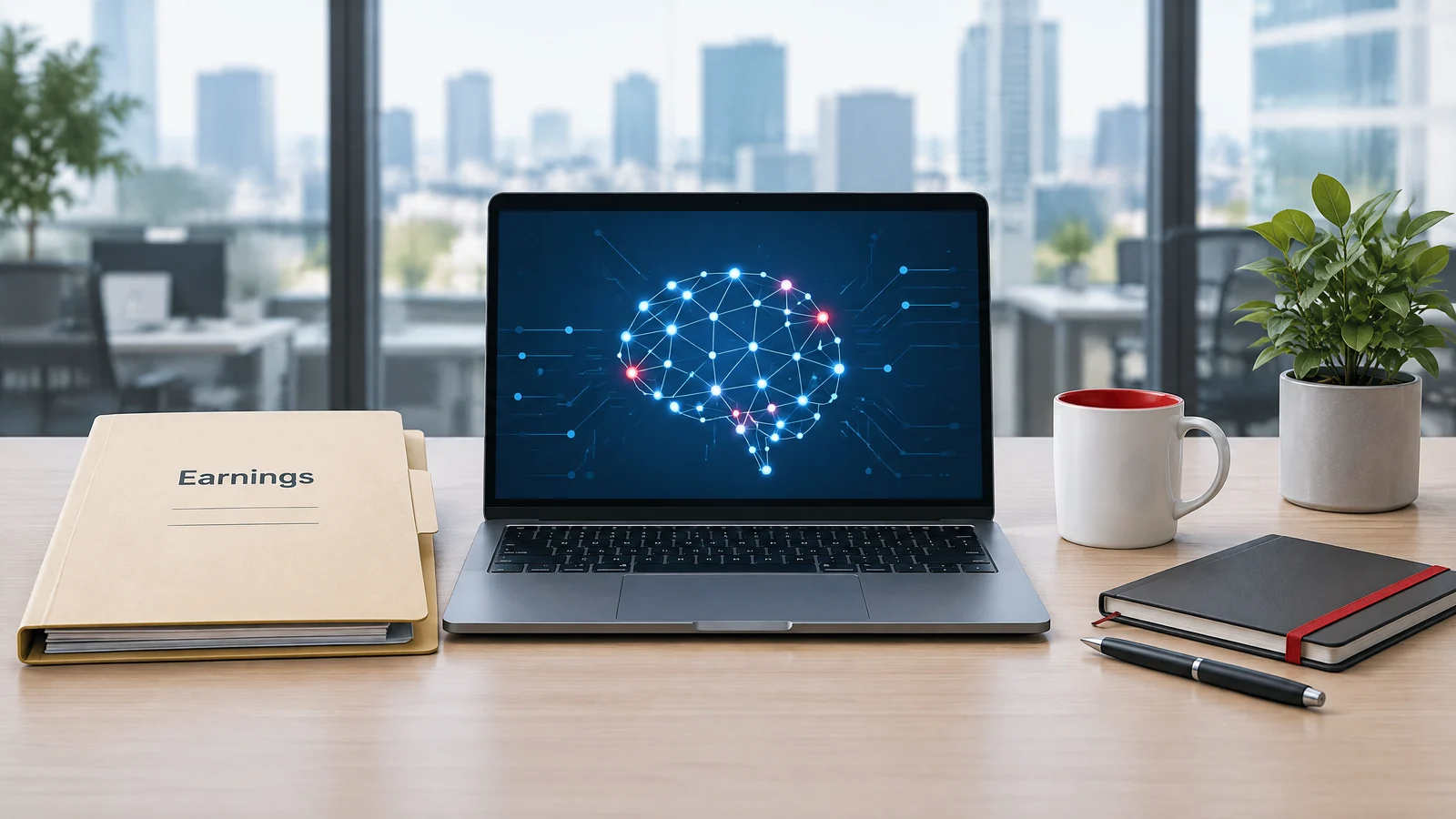 Conceptual IT earnings folder and abstract AI-service motif in an unbranded office.