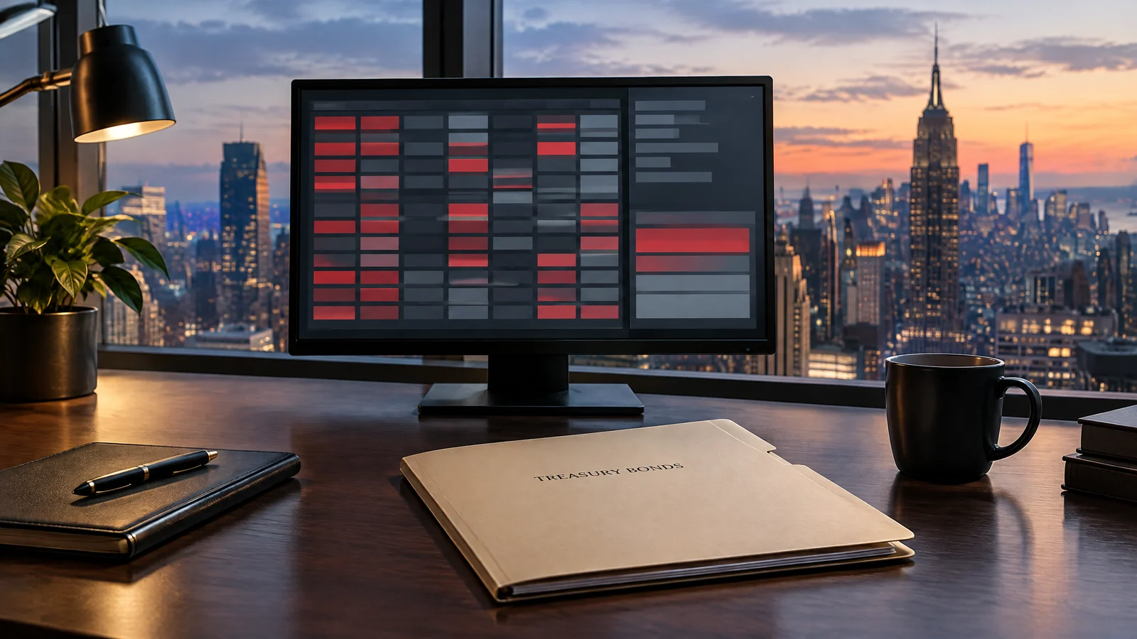 Conceptual US financial desk and generic city skyline; no live trading data.
