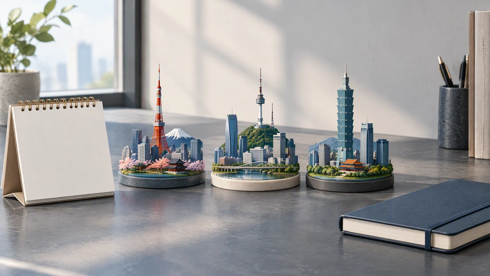 Conceptual Asian city skyline models beside a blank exchange-calendar desk.