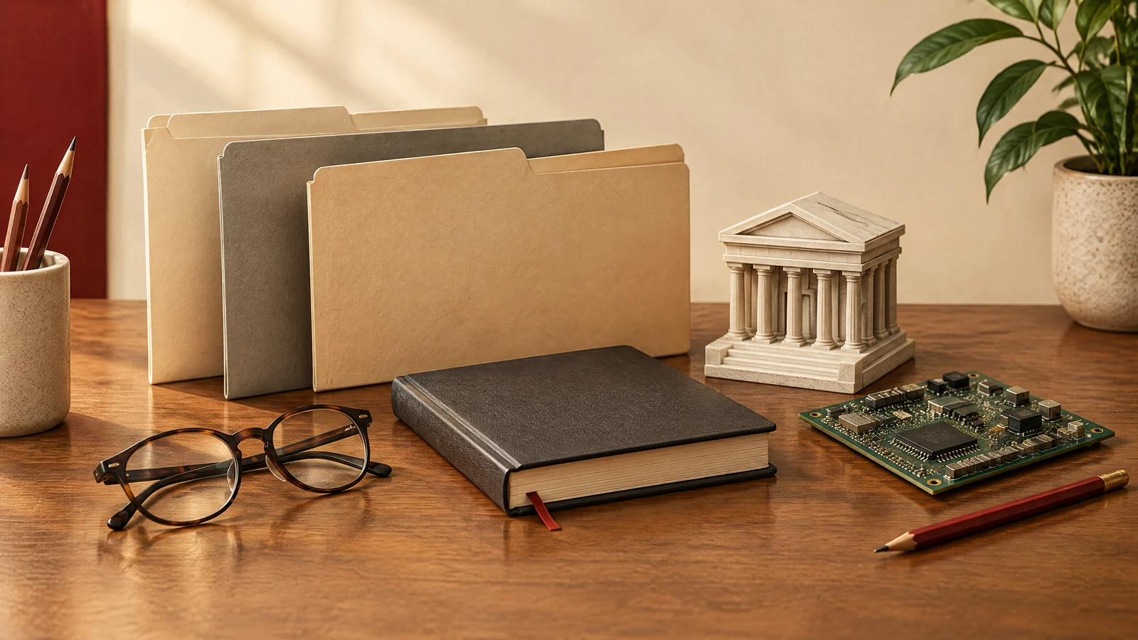 Conceptual folders, bank model, finance ledger and circuit-board component.