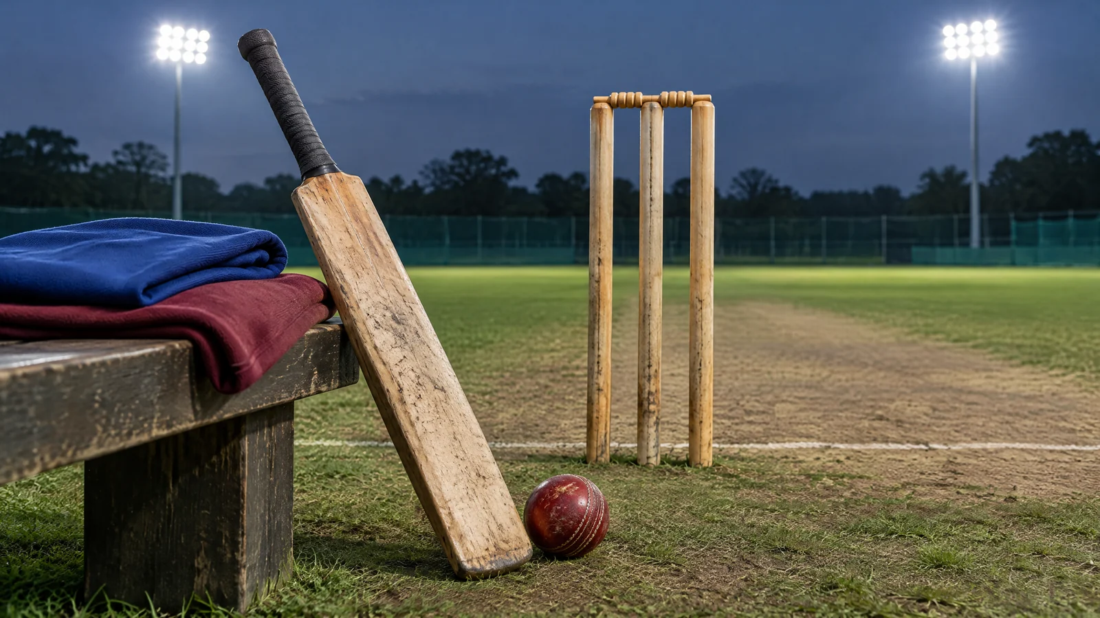 Conceptual cricket equipment on an empty practice ground; not match photography.