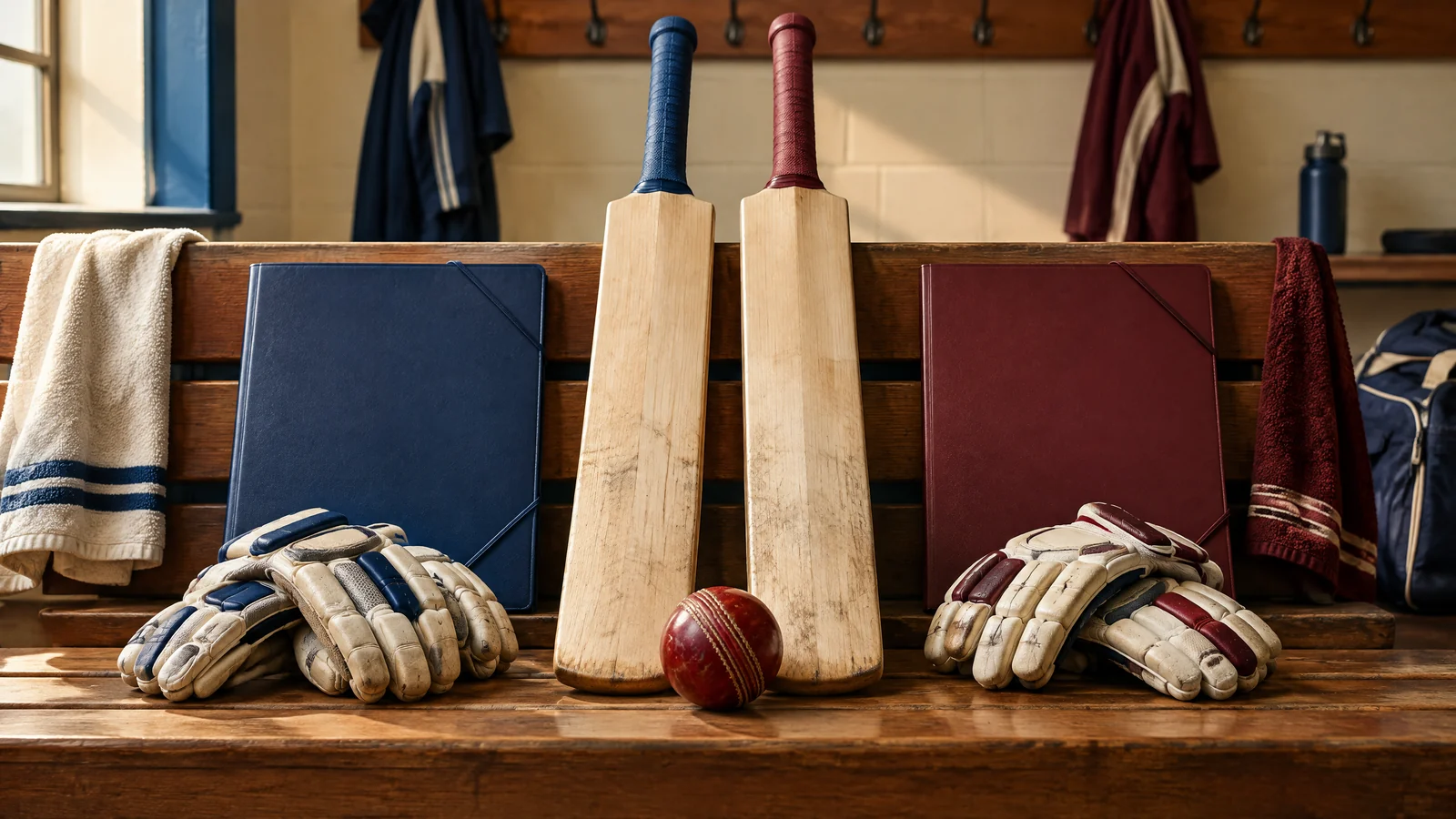 Conceptual cricket bats and blank ranking folders; not a ranking-data graphic.