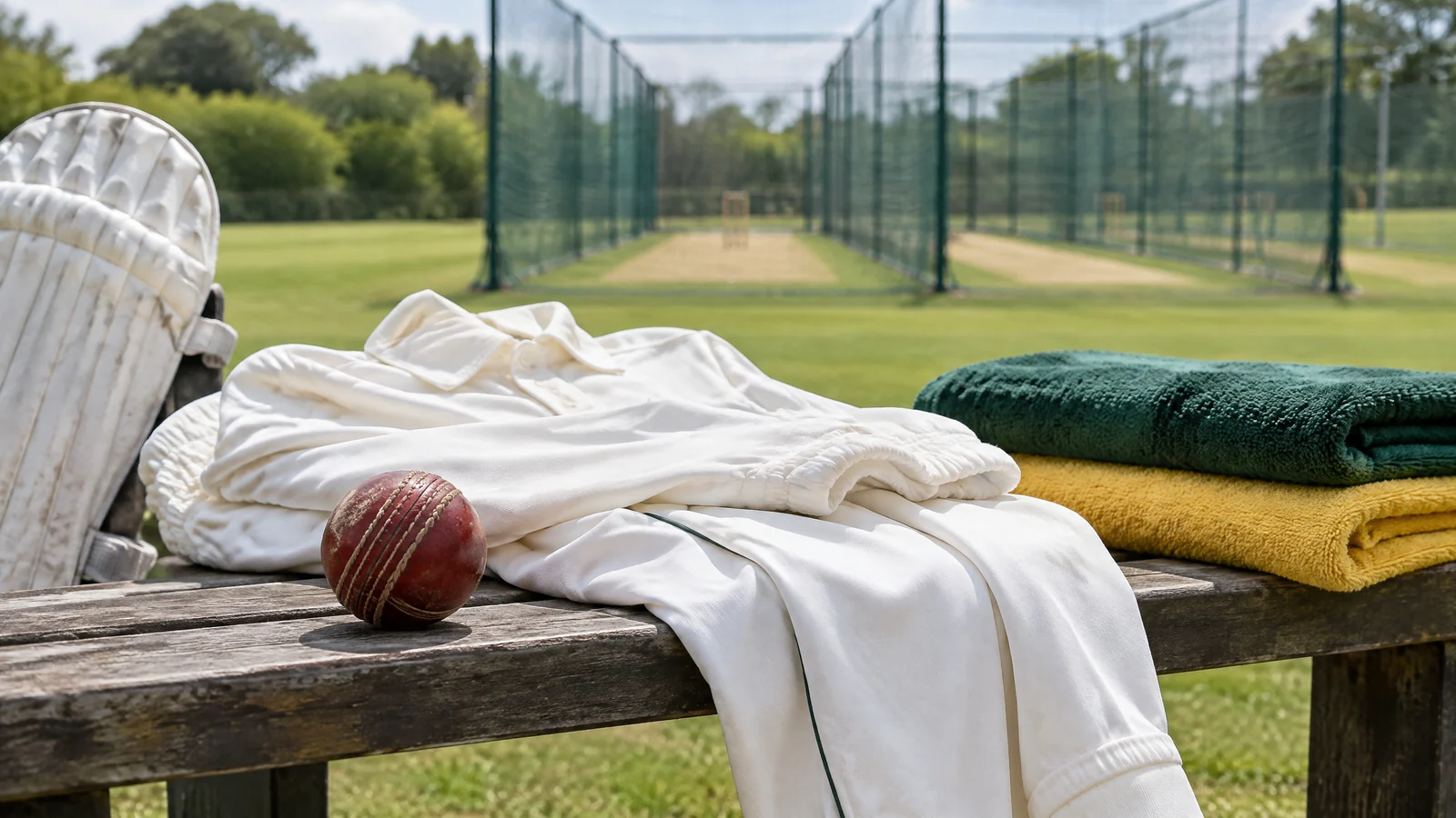 Conceptual white cricket kit, red ball and plain training towels; not match photography.