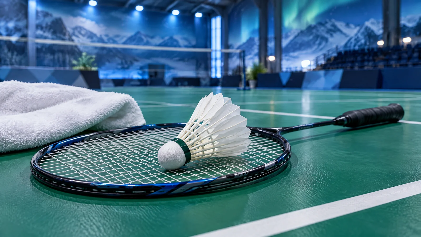Conceptual badminton racket and shuttle on a generic indoor court; not event photography.