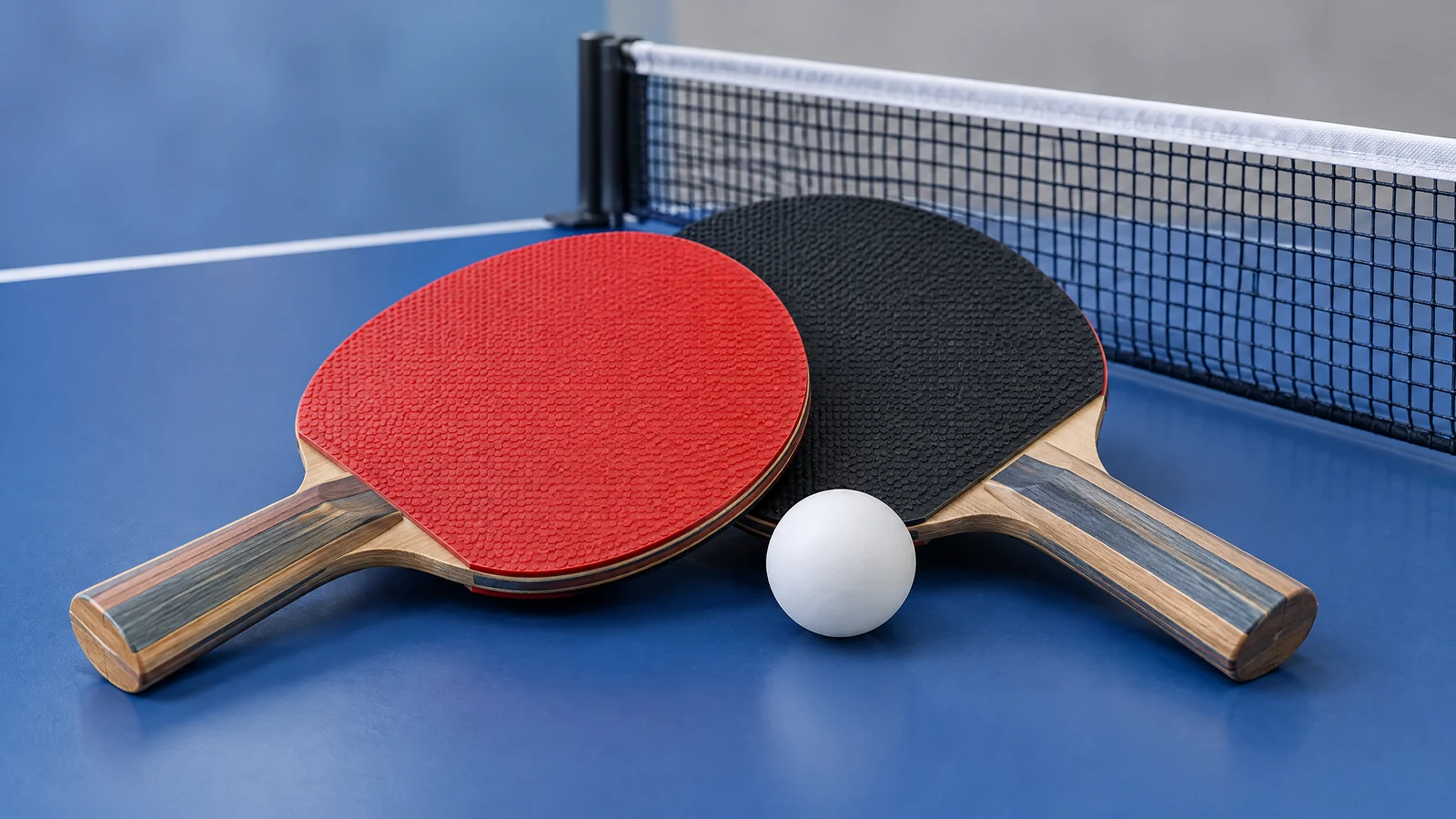 Conceptual table-tennis paddles and ball beside a net; not event photography.