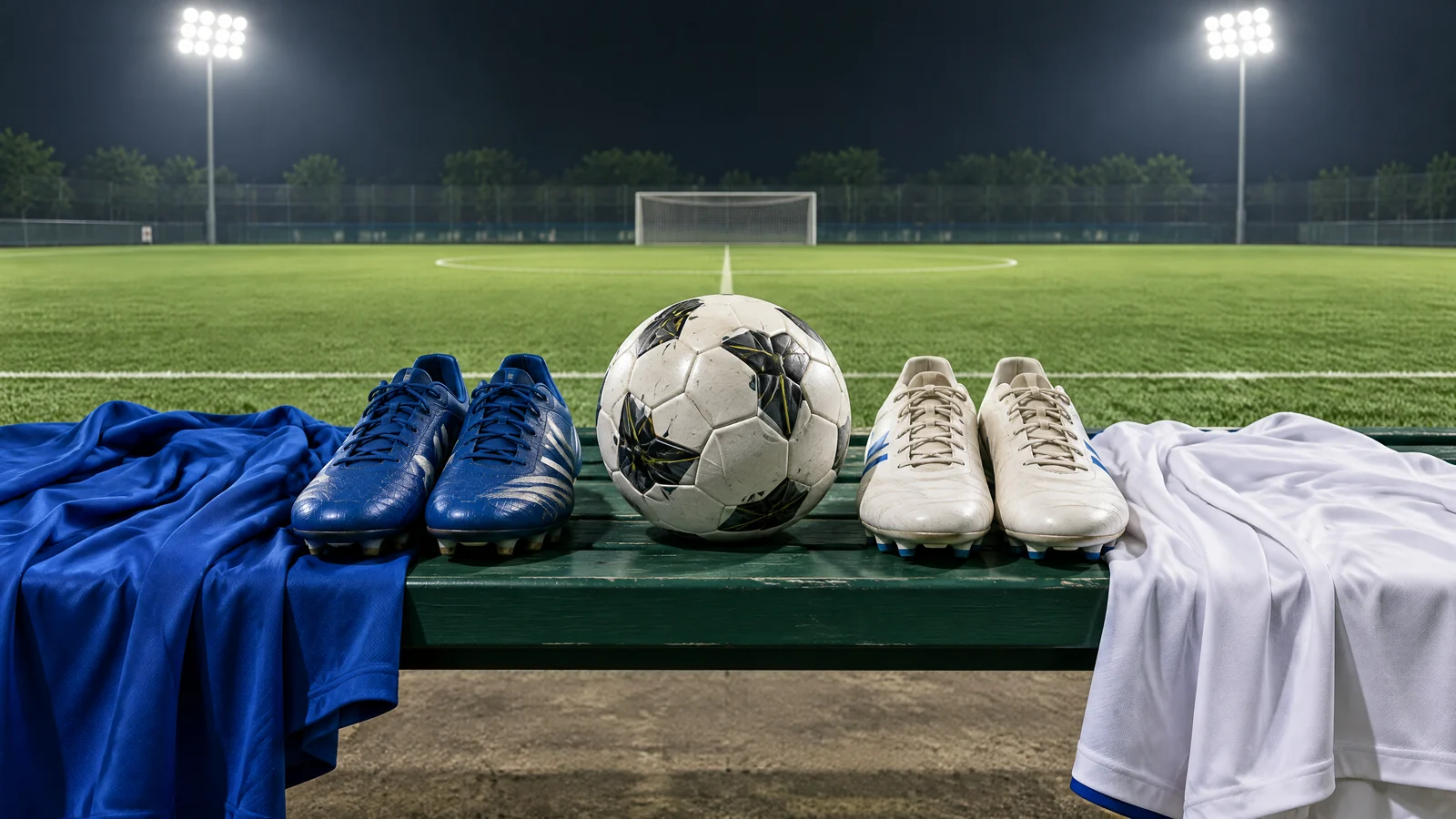 Conceptual football gear and plain kit fabrics at an empty generic pitch.