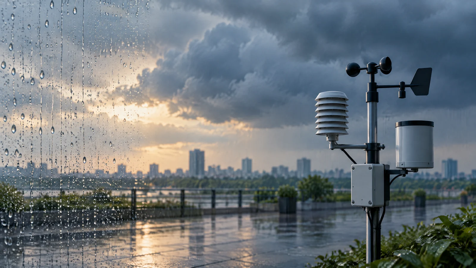 Conceptual rain and weather-station instrument; not observed-event photography or an alert map.