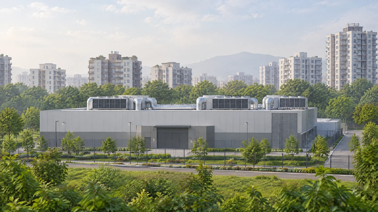 Conceptual generic data-centre and residential buildings; not the actual Thane site.